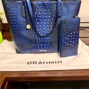 Brahmin Iridescent Blue Croc-Embossed Leather Tote with Matching Wallet